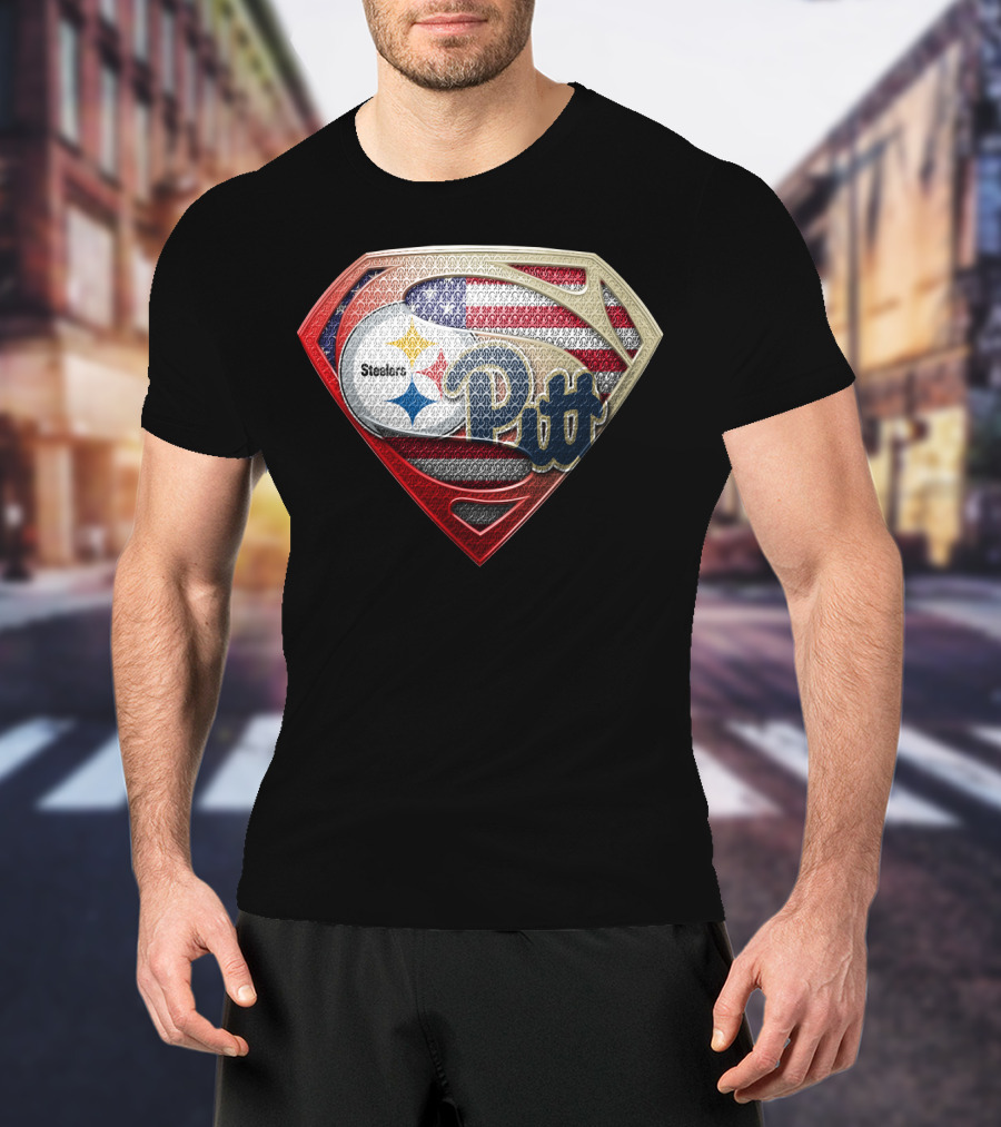 Steelers Pitt Superman Shield American Flag T-Shirt