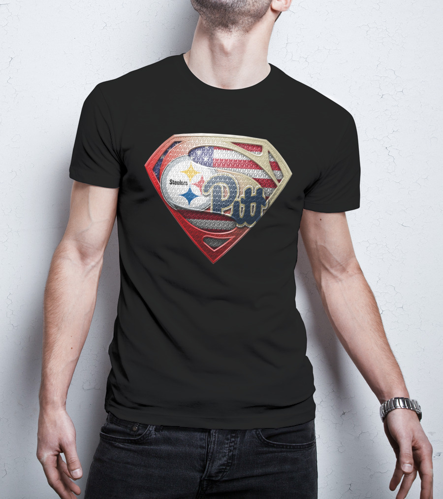 Steelers Pitt Superman Shield American Flag T-Shirt