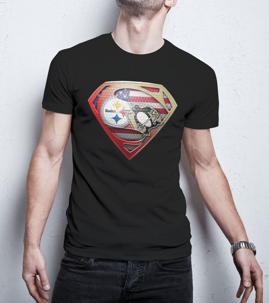 Steelers Penguins American Flag Superman Shield T-Shirt