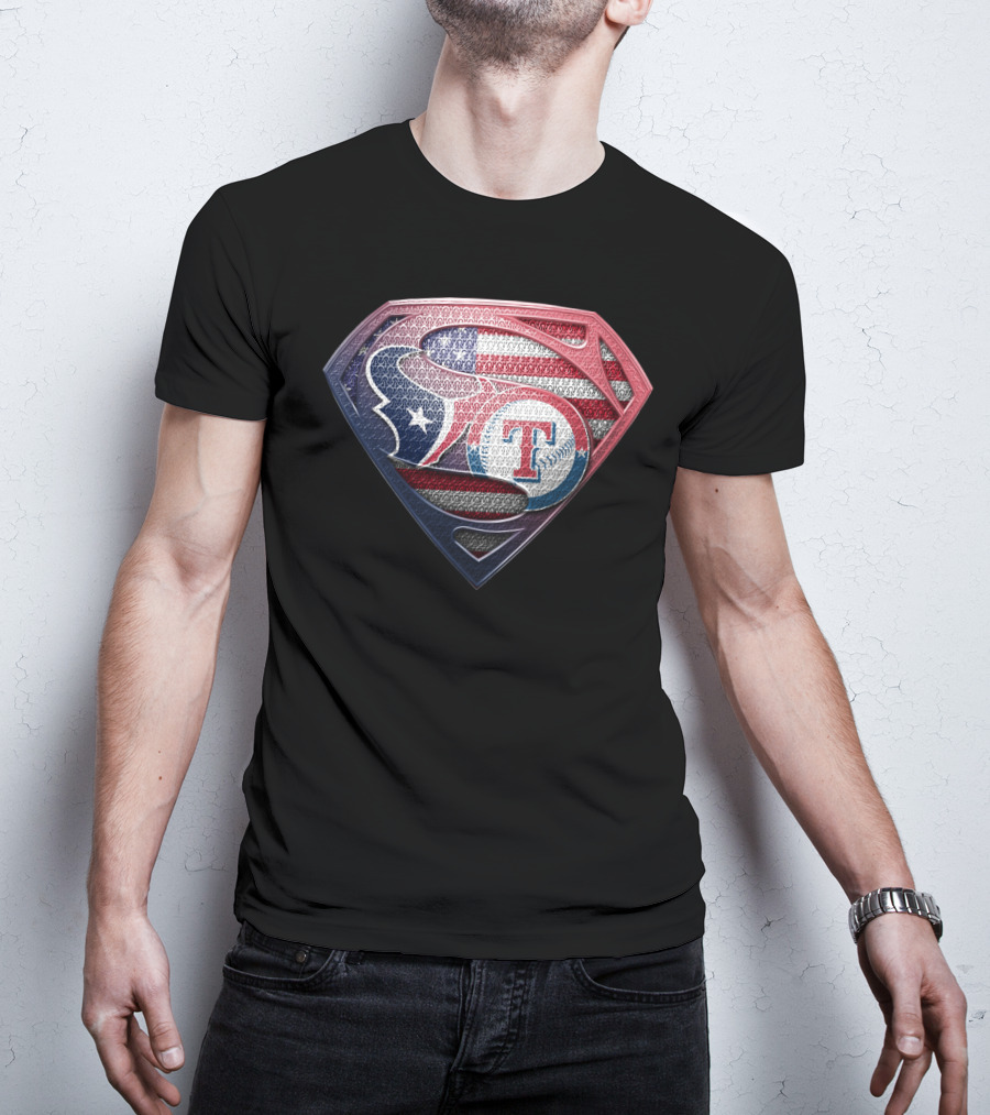 Houston Texans Texas Rangers Superman Logo Usa Flag T-Shirt