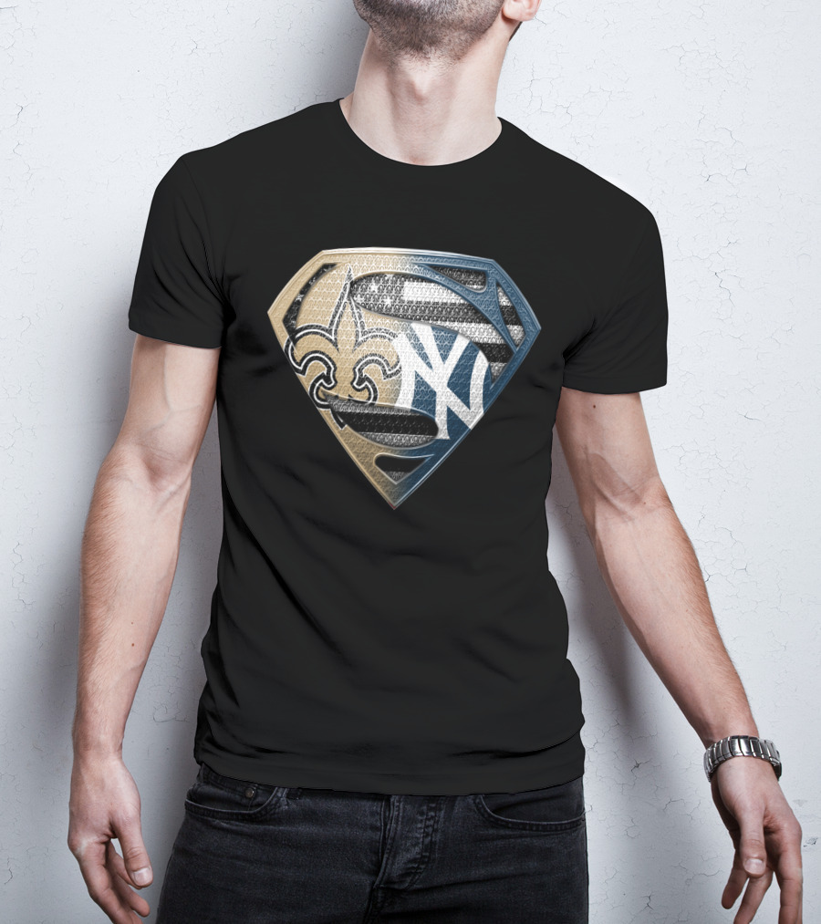 Superman Shield New York Yankees New Orleans Saints Logo Combination T-Shirt