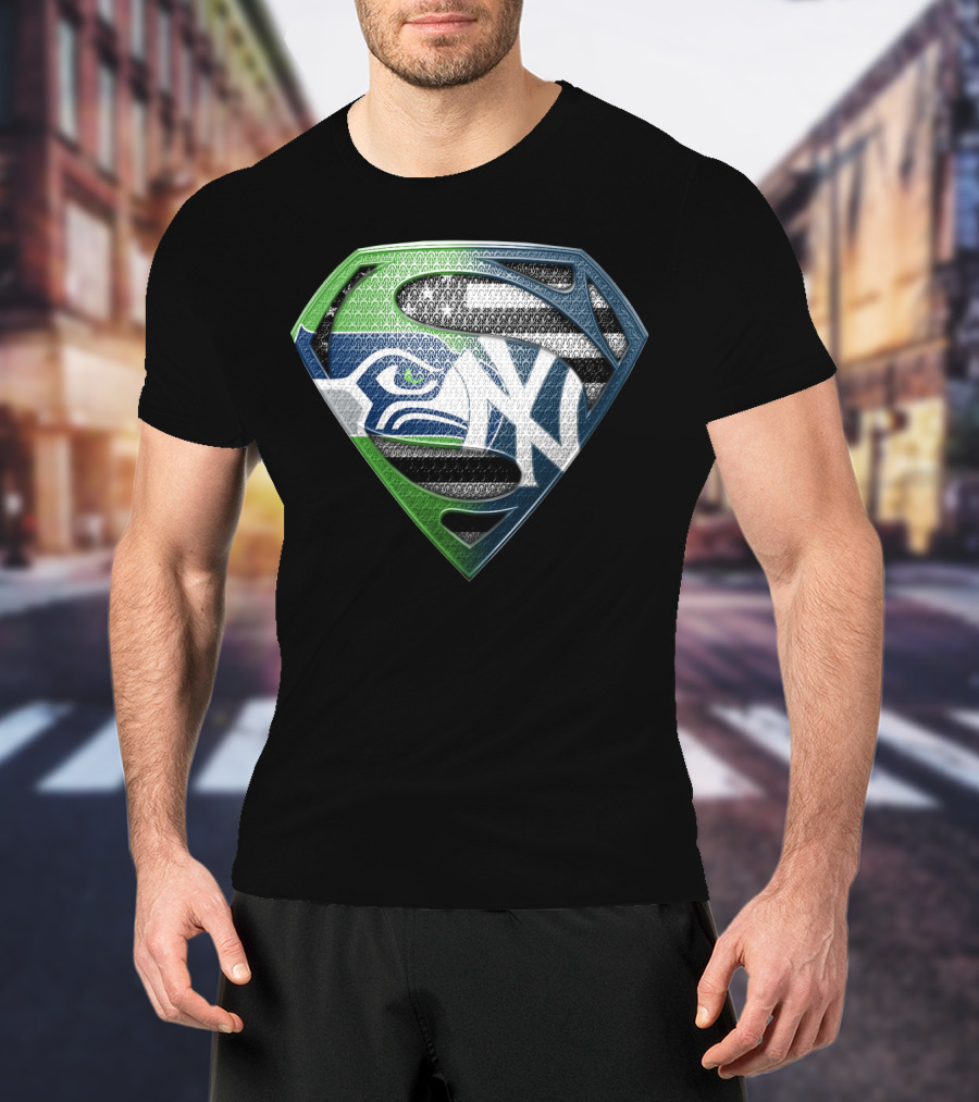 Seattle Seahawks New York Yankees Superman Shield Logo Mashup T-Shirt
