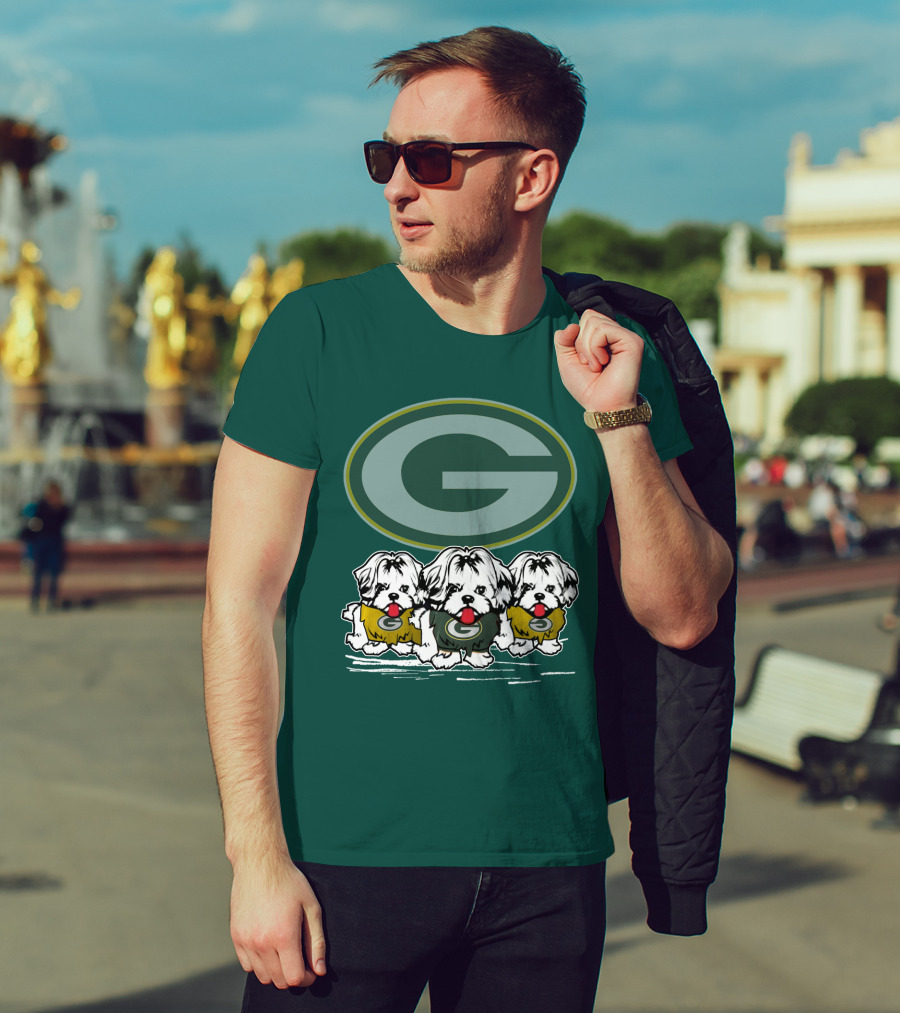 Green Bay Packers Logo With Three Dogs In Jerseys T-Shirt