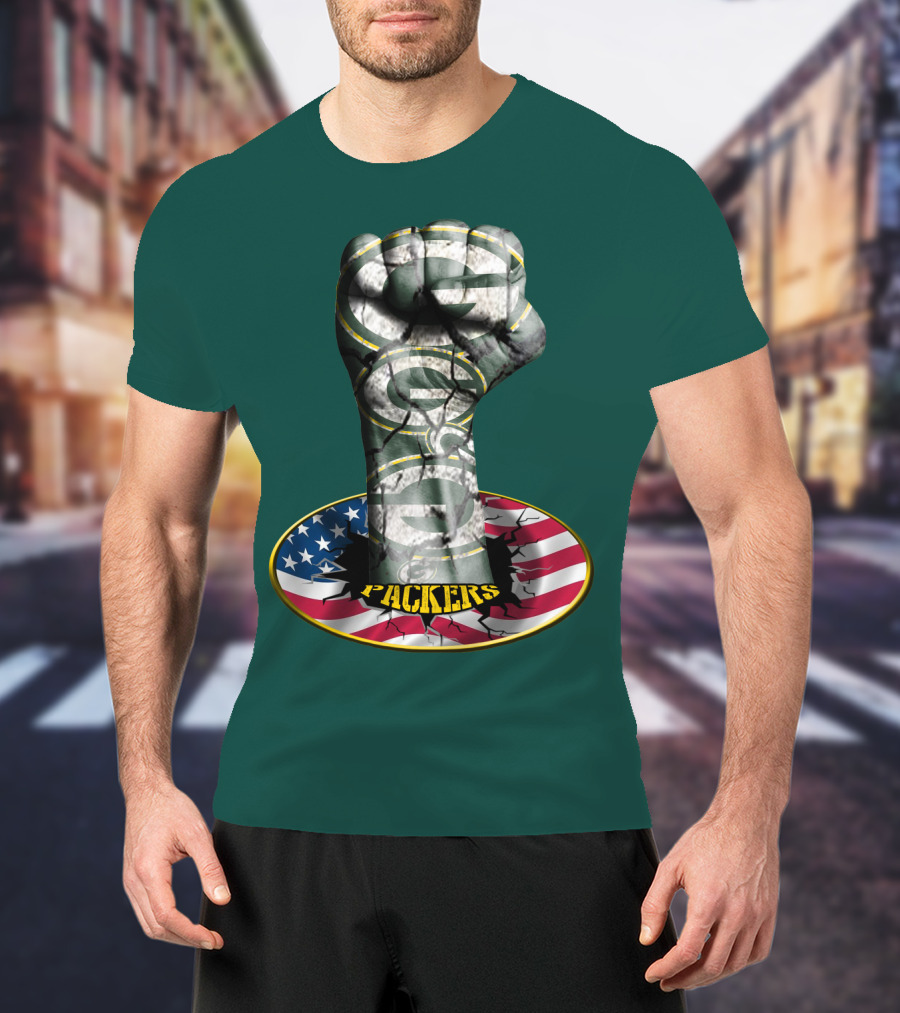 Fist With Green Bay Packers Logo On Cracked American Flag T-Shirt
