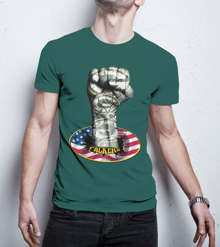 Fist With Green Bay Packers Logo On Cracked American Flag T-Shirt