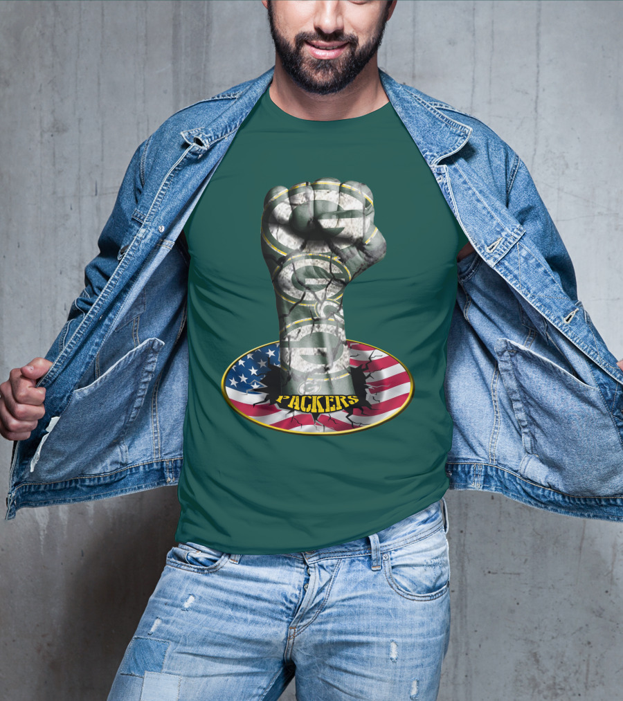 Fist With Green Bay Packers Logo On Cracked American Flag T-Shirt