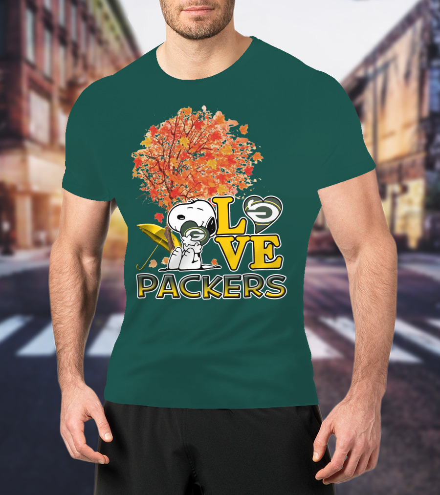 Love Packers Snoopy Green Bay Packers Autumn Tree T-Shirt