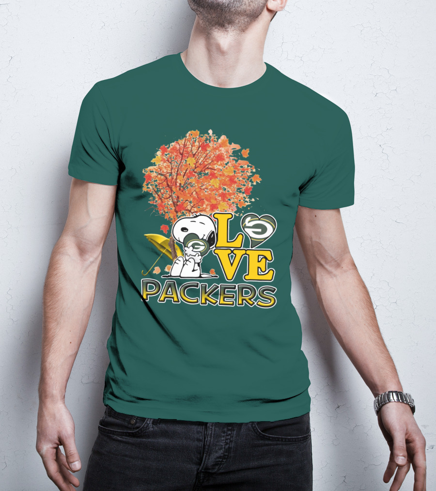 Love Packers Snoopy Green Bay Packers Autumn Tree T-Shirt