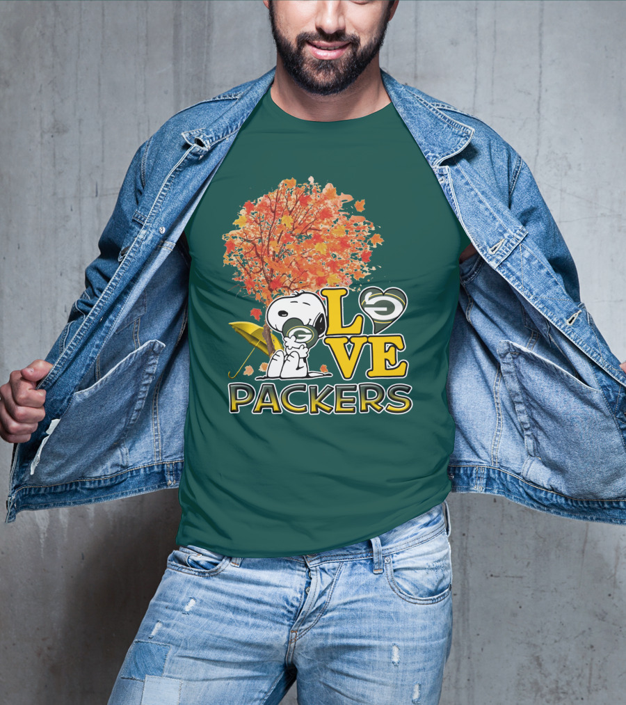 Love Packers Snoopy Green Bay Packers Autumn Tree T-Shirt
