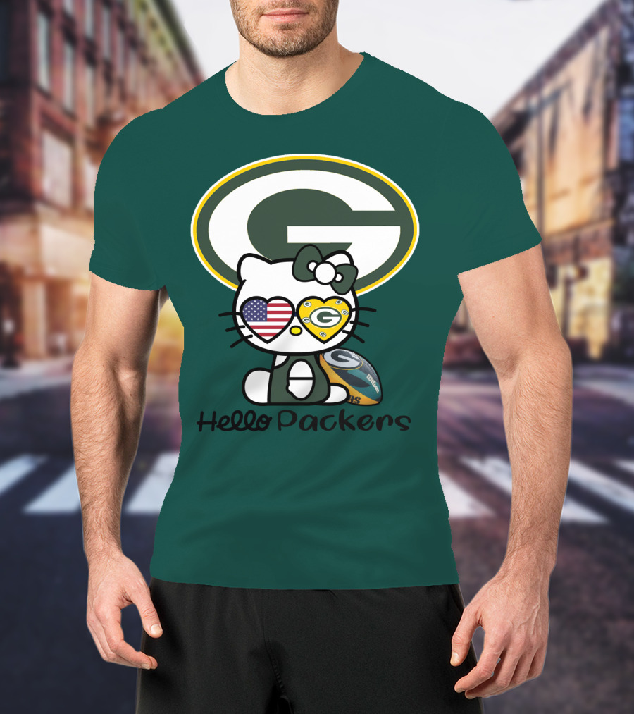 Hello Packers Green Bay Packers Football Fan Art Featuring Kitty With American Flag Heart T-Shirt