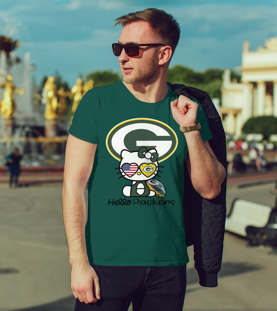 Hello Packers Green Bay Packers Football Fan Art Featuring Kitty With American Flag Heart T-Shirt
