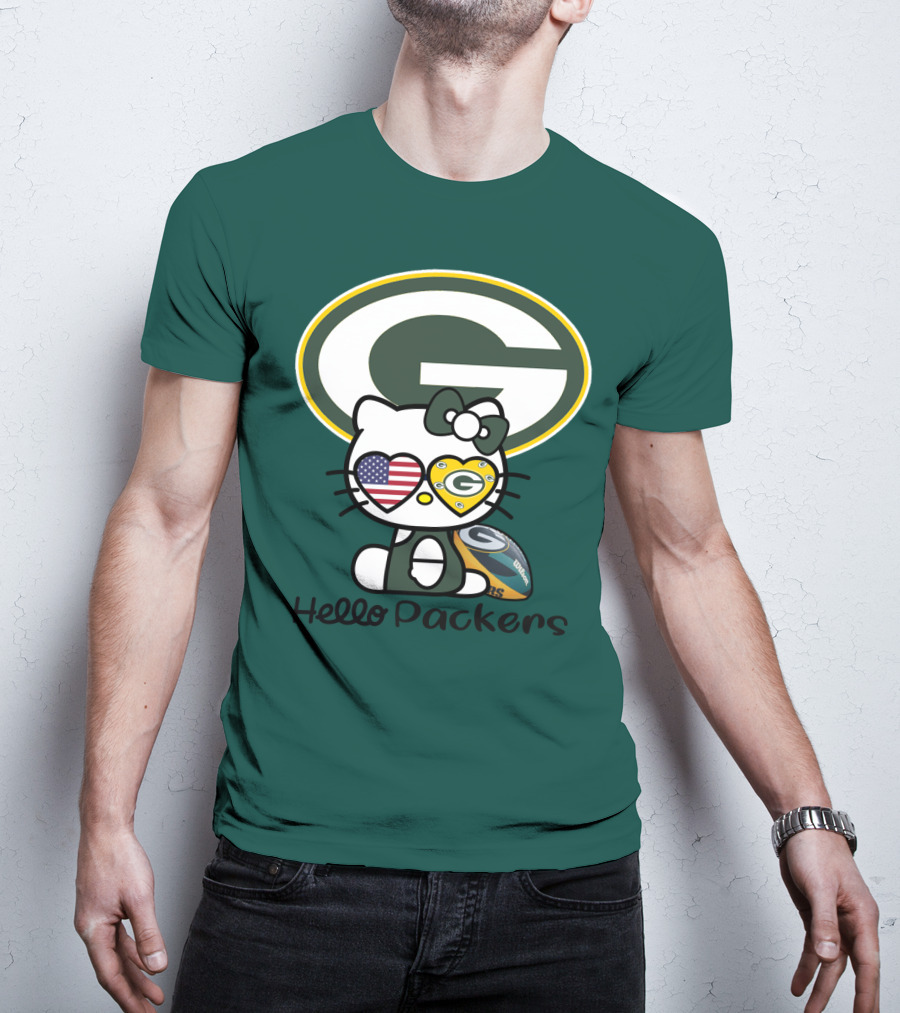 Hello Packers Green Bay Packers Football Fan Art Featuring Kitty With American Flag Heart T-Shirt