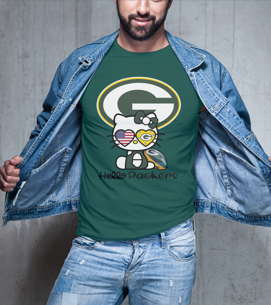 Hello Packers Green Bay Packers Football Fan Art Featuring Kitty With American Flag Heart T-Shirt