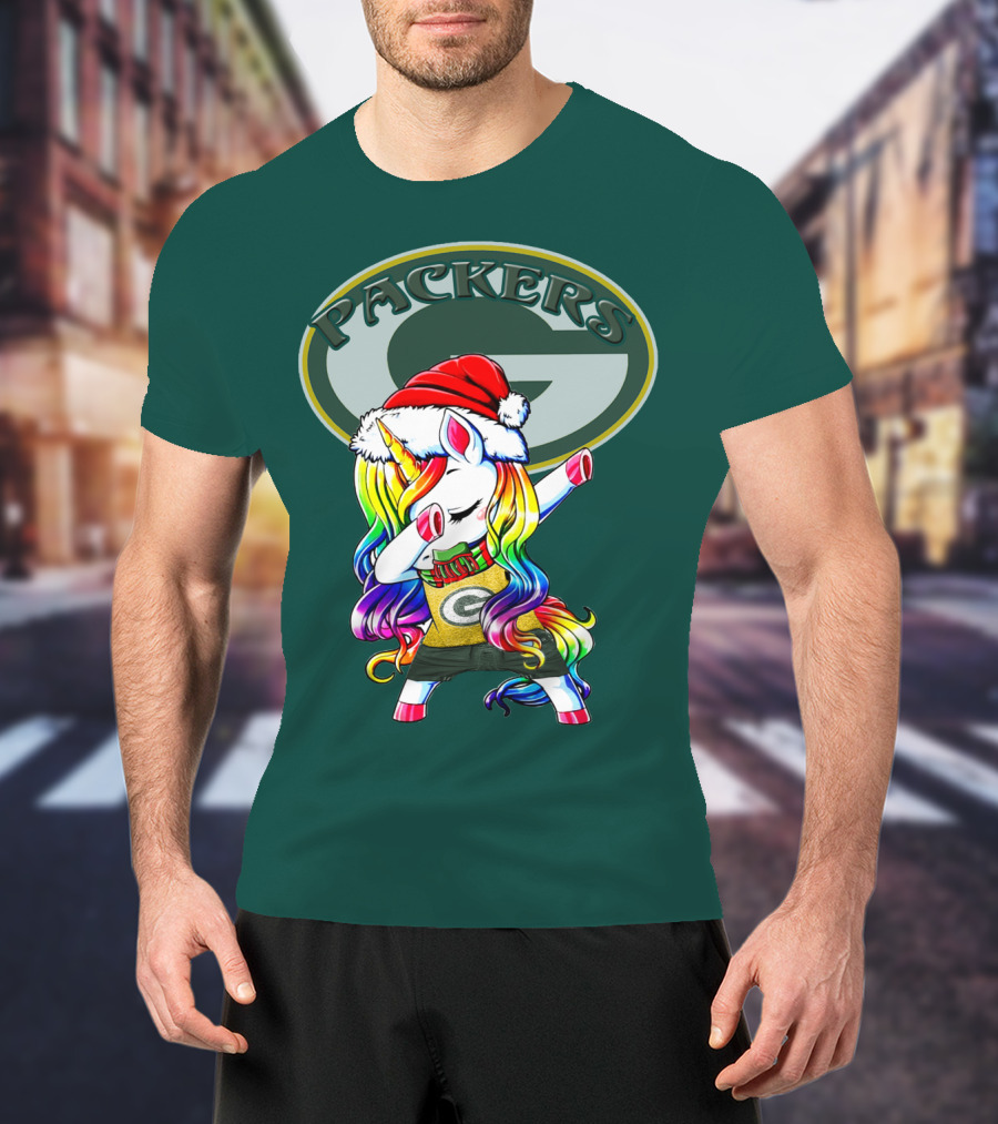 Packers Unicorn Dabbing Santa Hat Green Gold T-Shirt