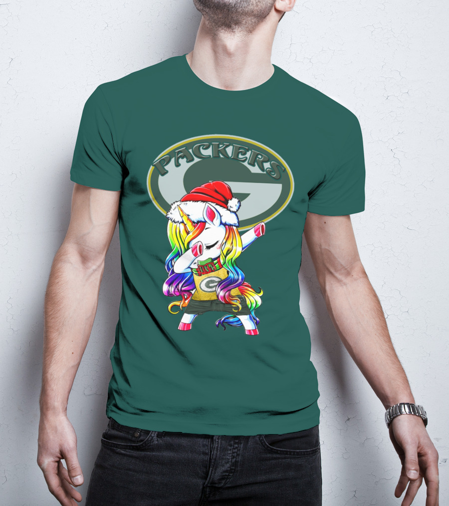 Packers Unicorn Dabbing Santa Hat Green Gold T-Shirt