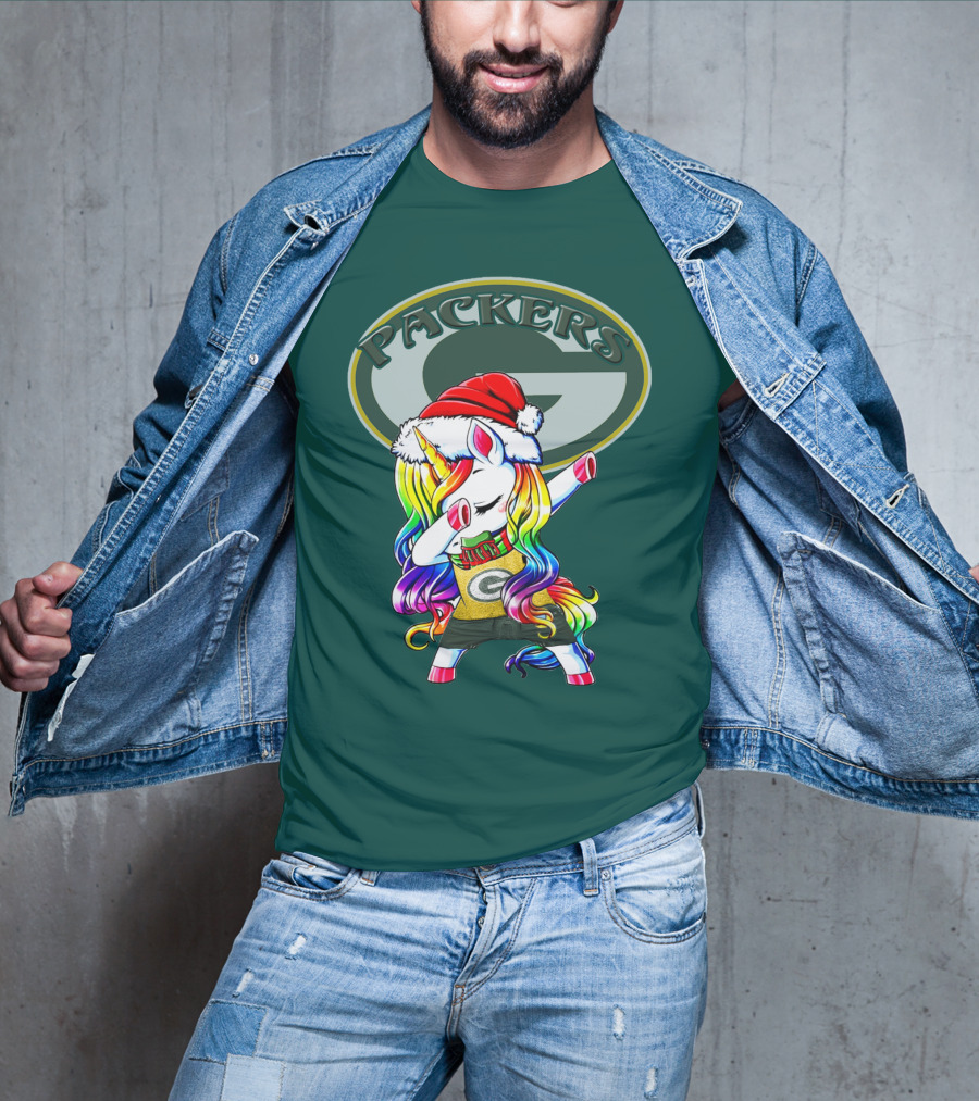 Packers Unicorn Dabbing Santa Hat Green Gold T-Shirt