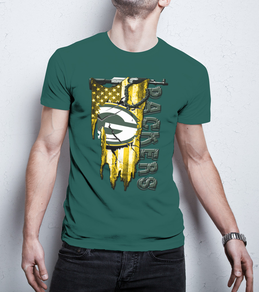 Green Bay Packers American Flag Cracked T-Shirt
