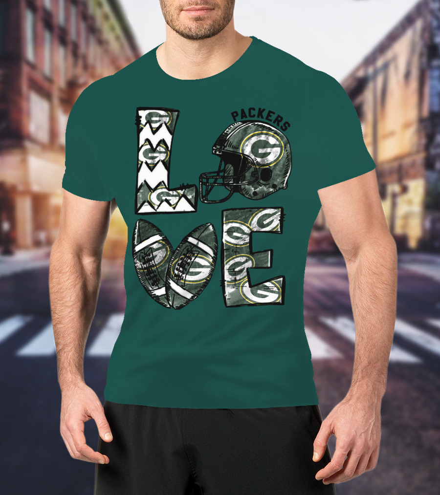 Packers Love Football Helmet And Ball Green Bay Packers T-Shirt