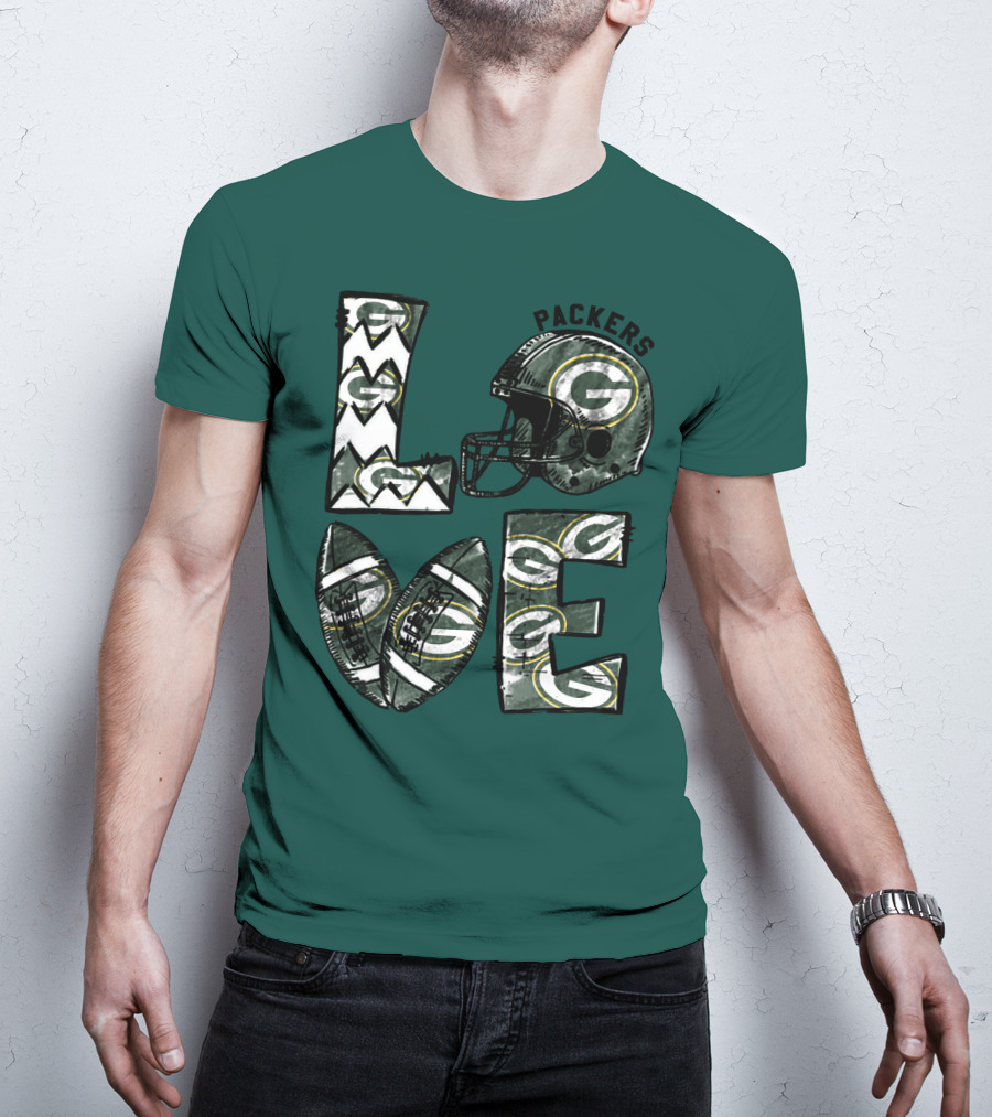 Packers Love Football Helmet And Ball Green Bay Packers T-Shirt