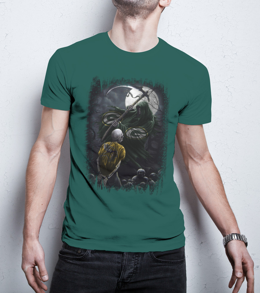 Green Bay Packers Grim Reaper Scene With Skeleton Under Moonlight T-Shirt