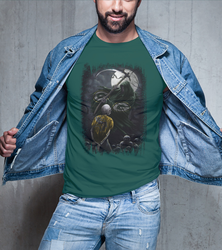 Green Bay Packers Grim Reaper Scene With Skeleton Under Moonlight T-Shirt