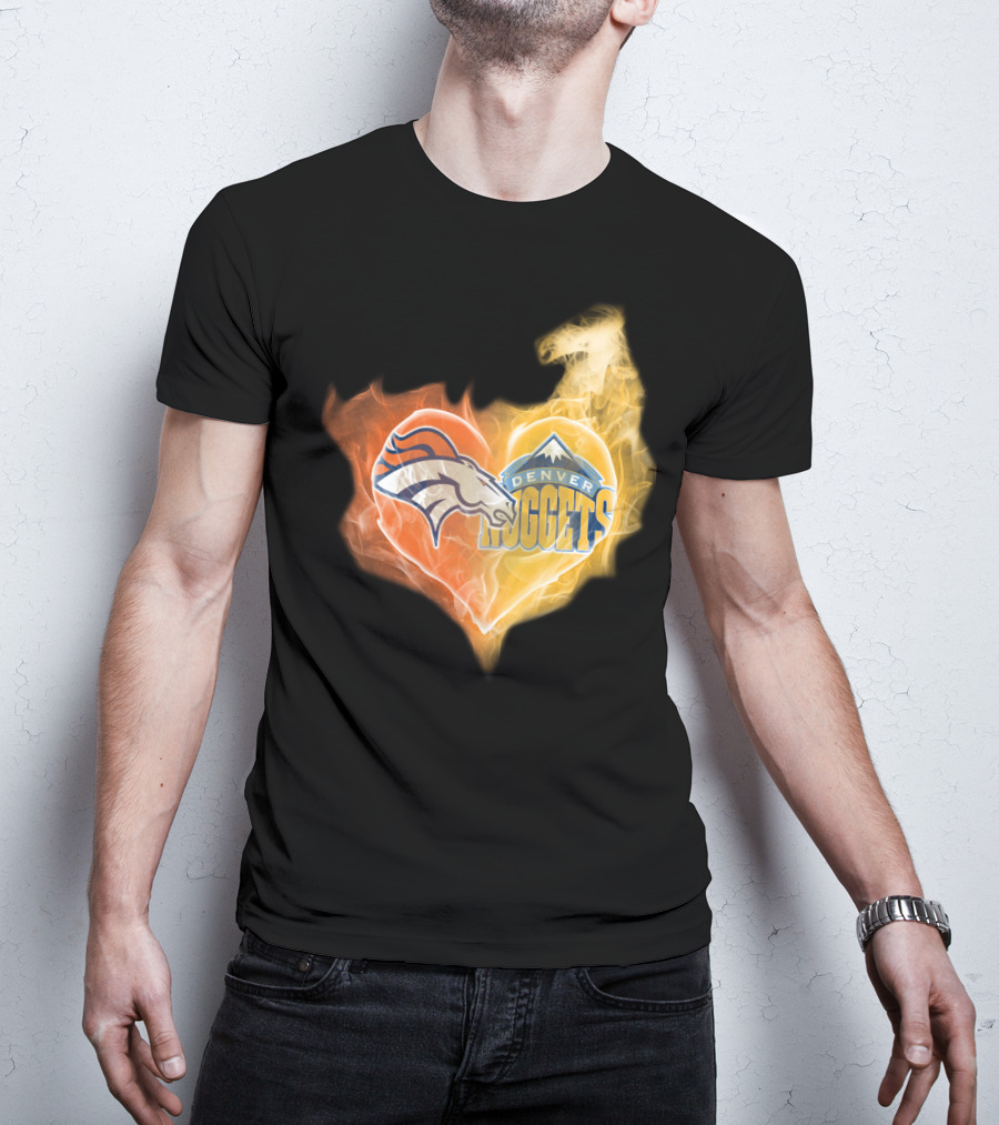 Denver Broncos Denver Nuggets Heart Flame T-Shirt