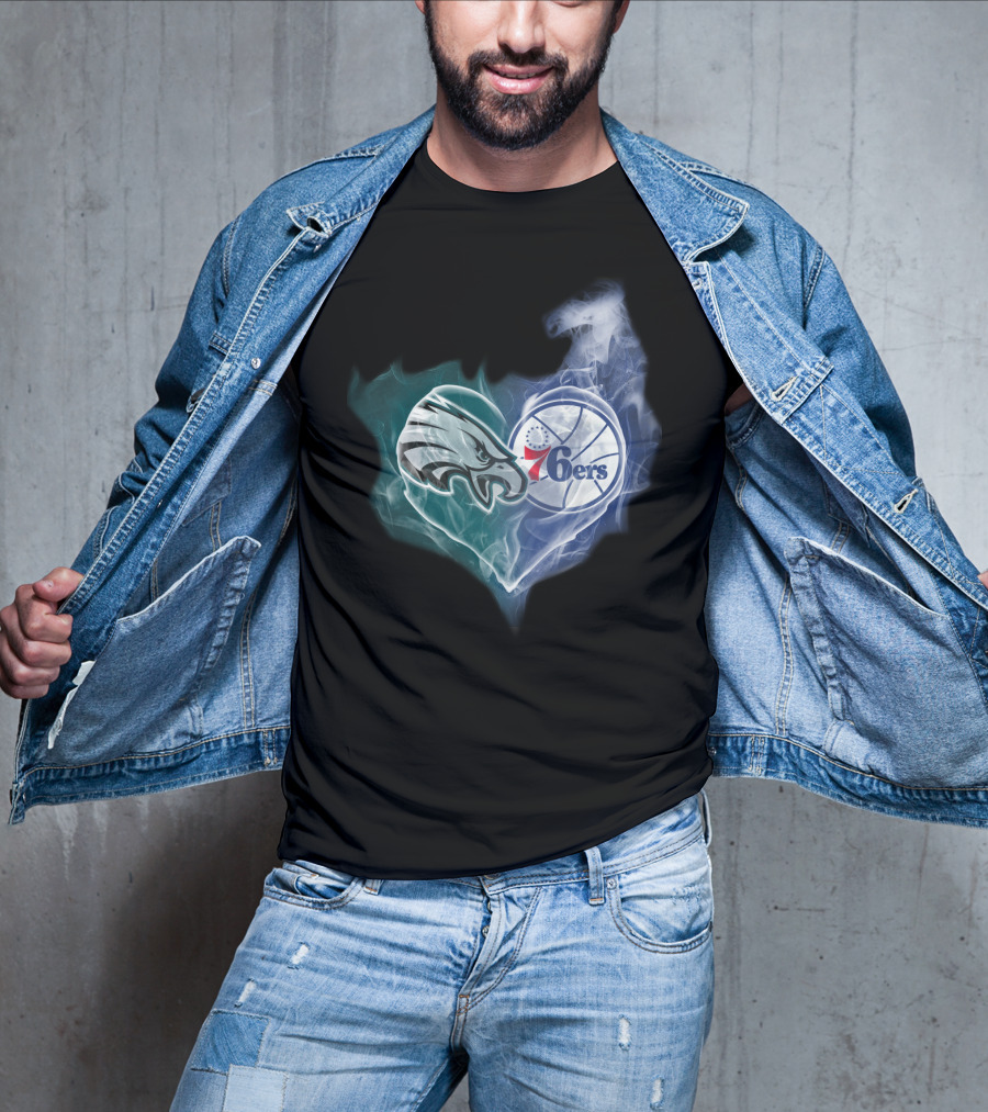 Philadelphia Eagles 76ers Heart Sports Logo Fusion T-Shirt