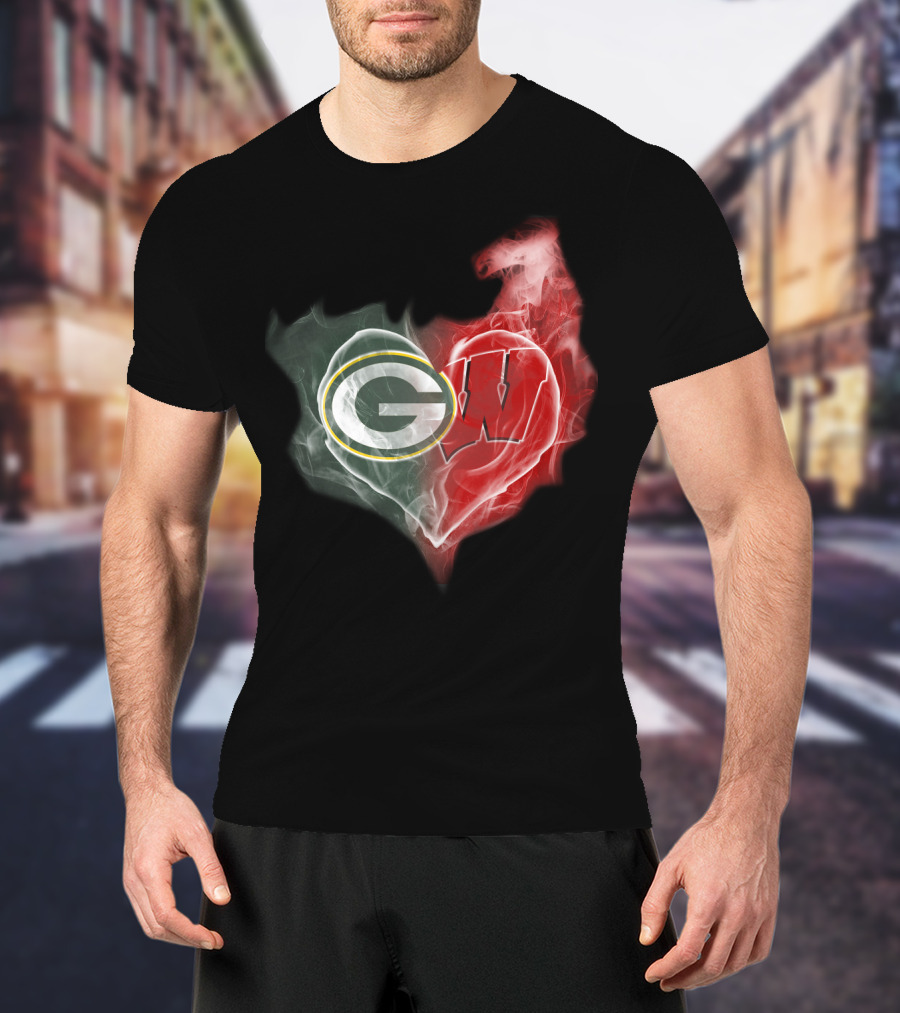 Green Bay Packers Wisconsin Badgers Heart Smoke T-Shirt
