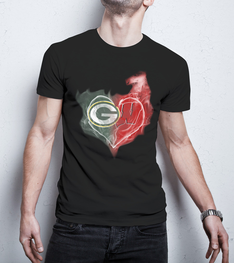 Green Bay Packers Wisconsin Badgers Heart Smoke T-Shirt