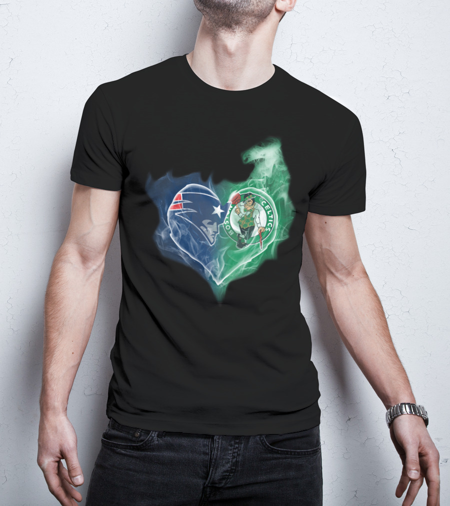 New England Patriots Boston Celtics Heart Smoke Fusion T-Shirt
