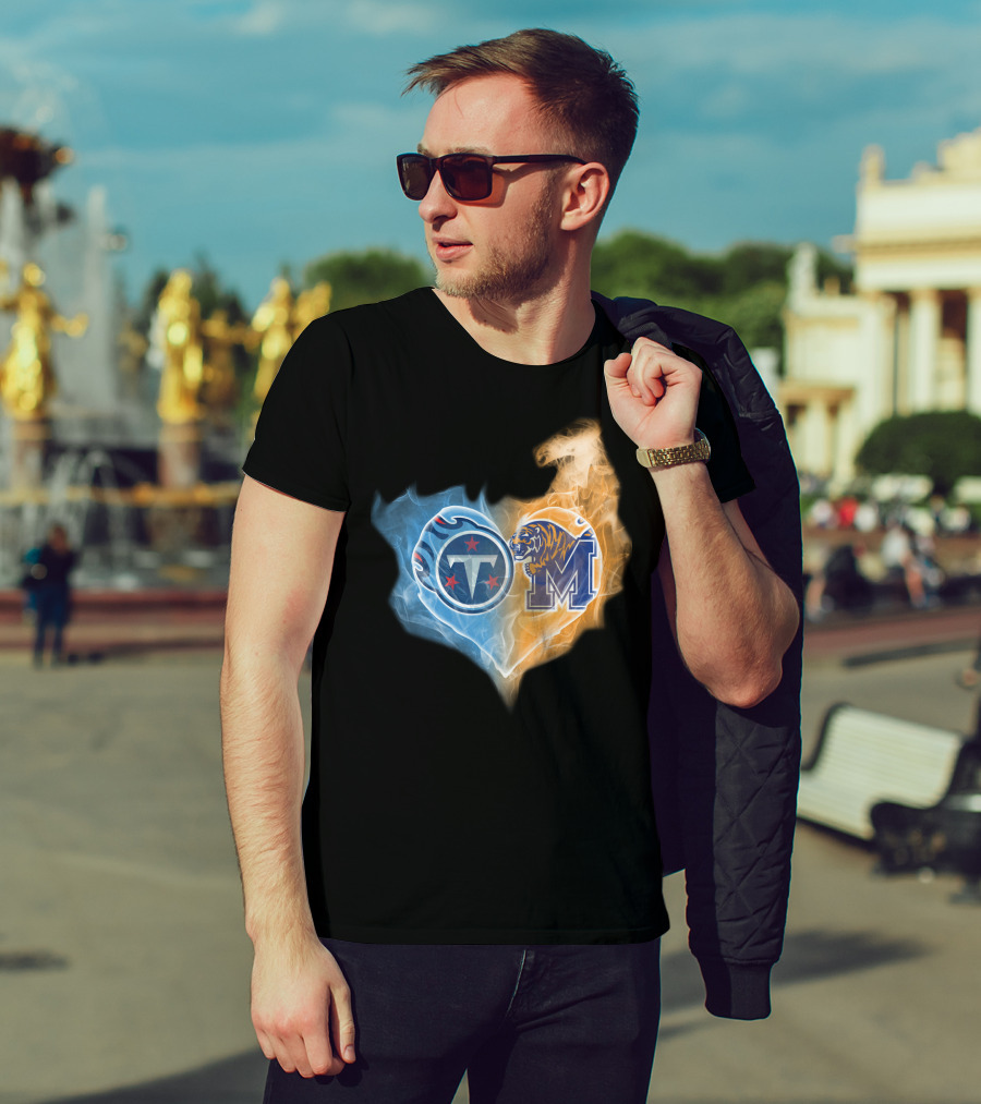 Tennessee Titans Memphis Tigers Heart Flame T-Shirt