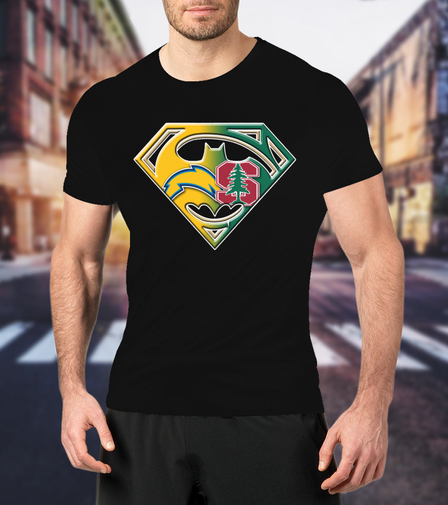 Los Angeles Chargers And Stanford Cardinal Bat Superman Logo Fusion T-Shirt