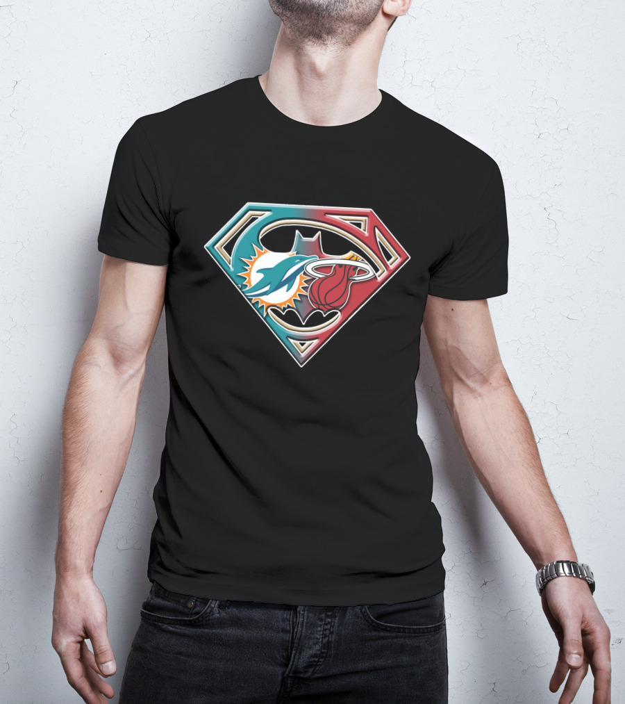 Miami Dolphins Batman Superman Miami Heat Logo Mashup T-Shirt