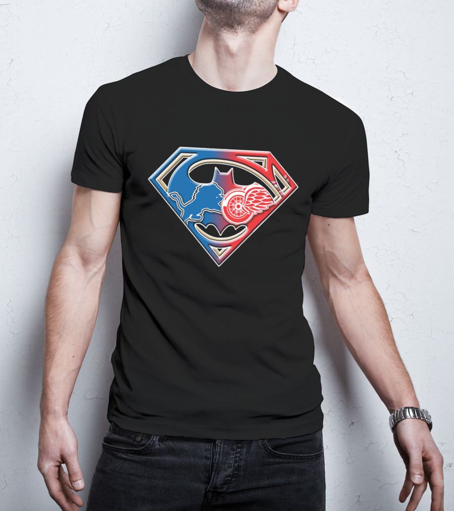 Detroit Sports Superman Batman Red Wings Lions T-Shirt