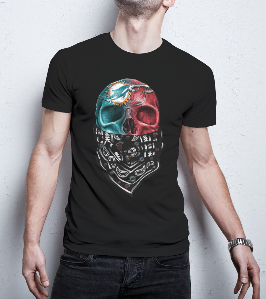 Miami Dolphins And Heat Skull Bandana Combination T-Shirt