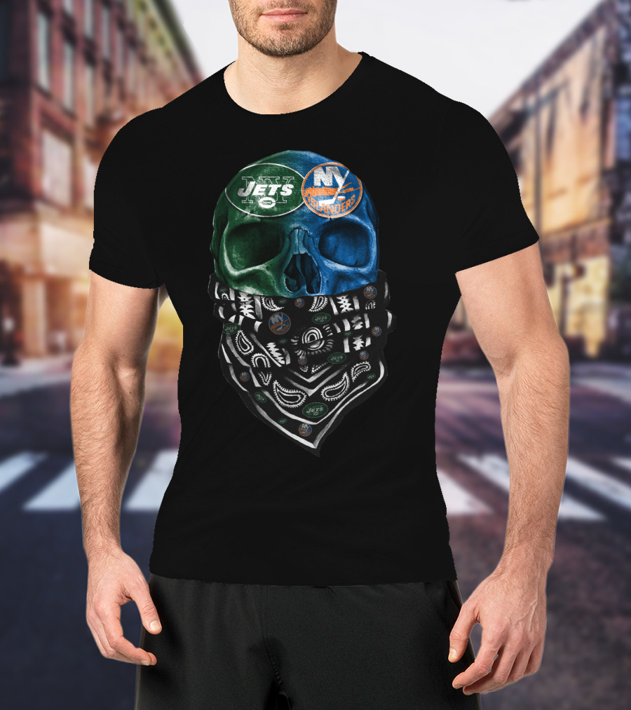 Ny Jets Islanders Dual Skull Bandana Sku 068 T-Shirt