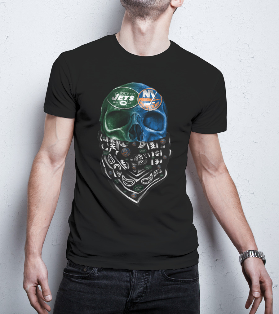 Ny Jets Islanders Dual Skull Bandana Sku 068 T-Shirt