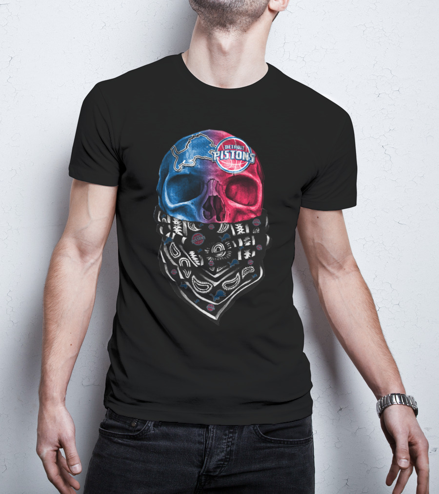 Detroit Pistons Lions Bandana Skull T-Shirt