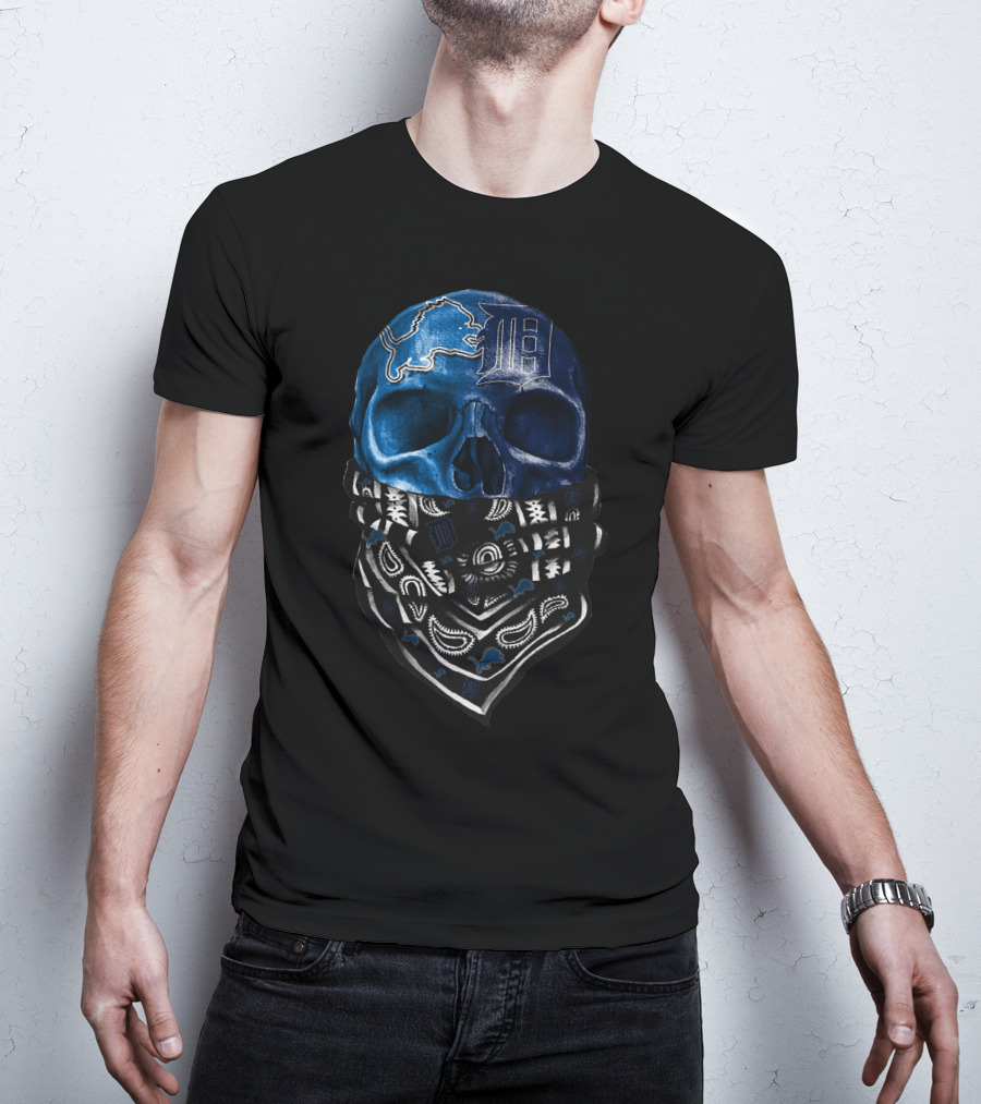 Detroit Lions And Tigers Skull Bandana Blue T-Shirt