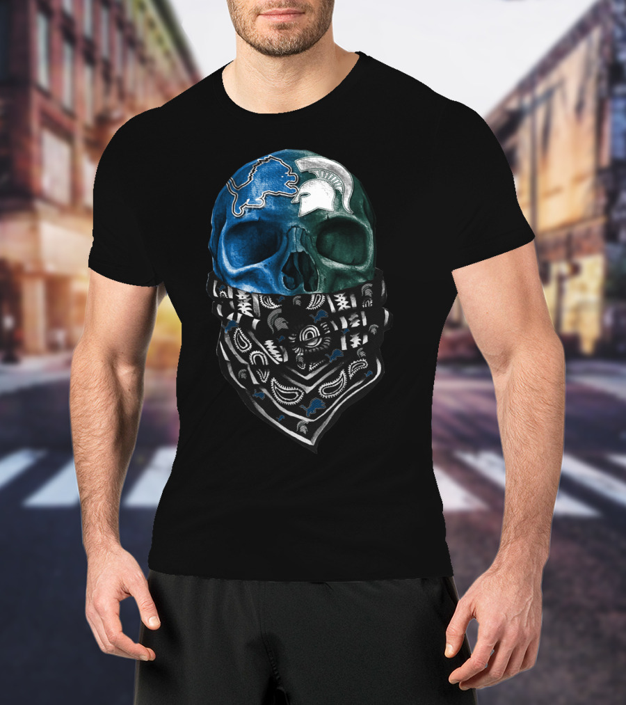 Detroit Lions Michigan State Spartans Skull Bandana T-Shirt