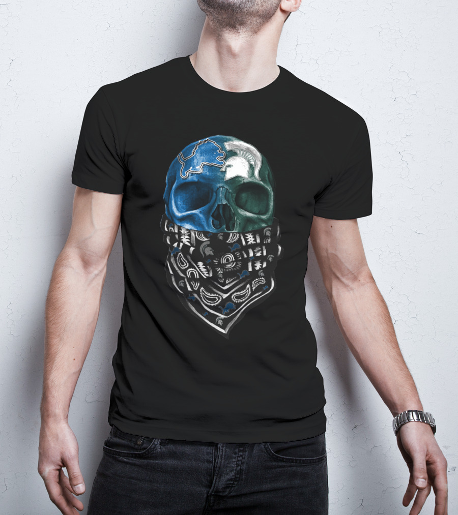 Detroit Lions Michigan State Spartans Skull Bandana T-Shirt