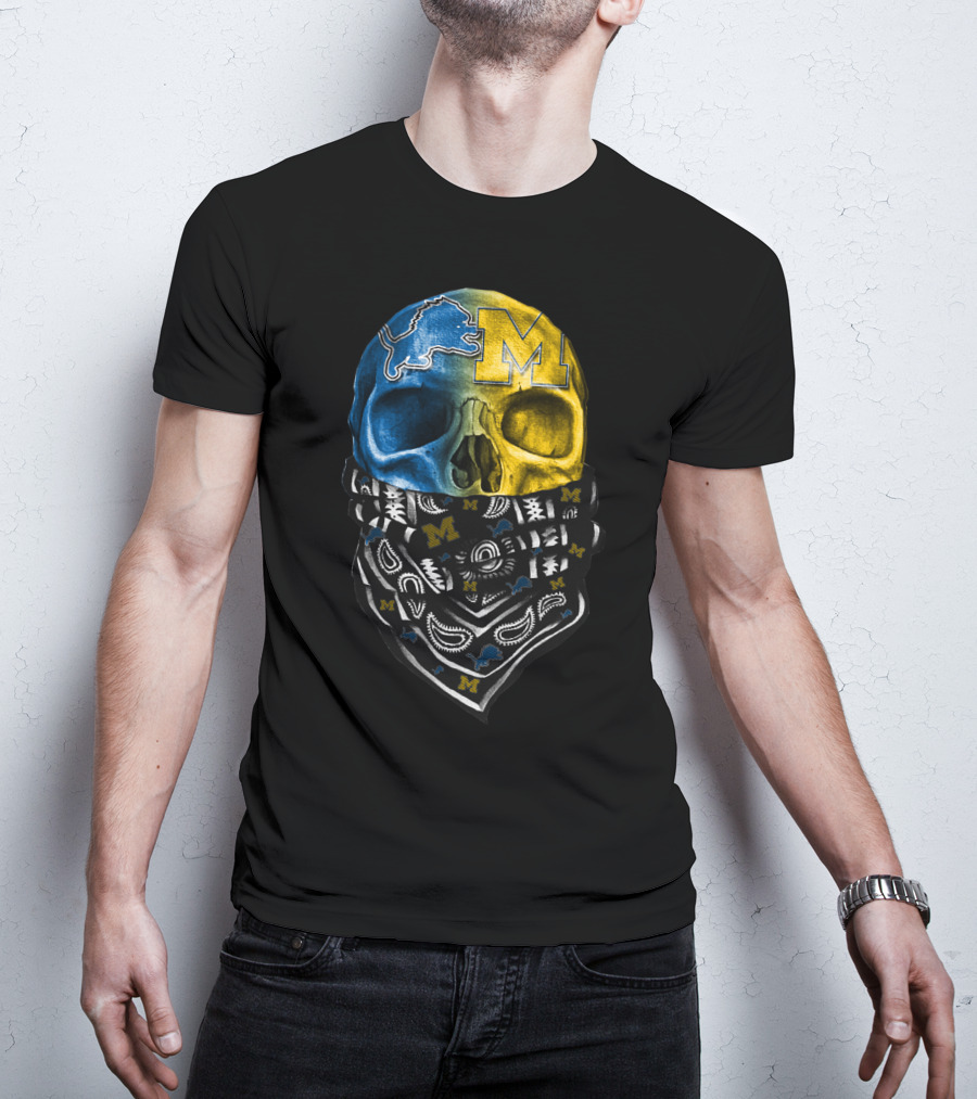 Lions Blue Michigan M Skull Bandana T-Shirt