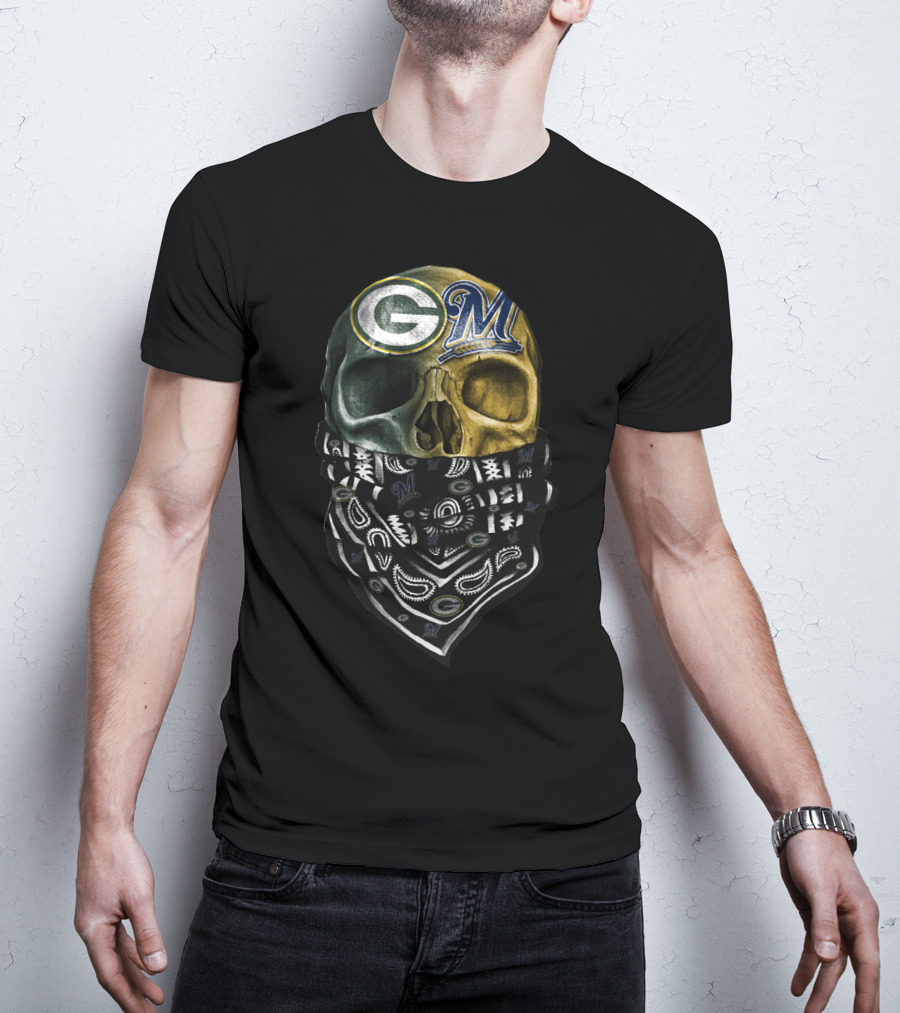 Green Bay Packers And Milwaukee Brewers Skull Bandana T-Shirt