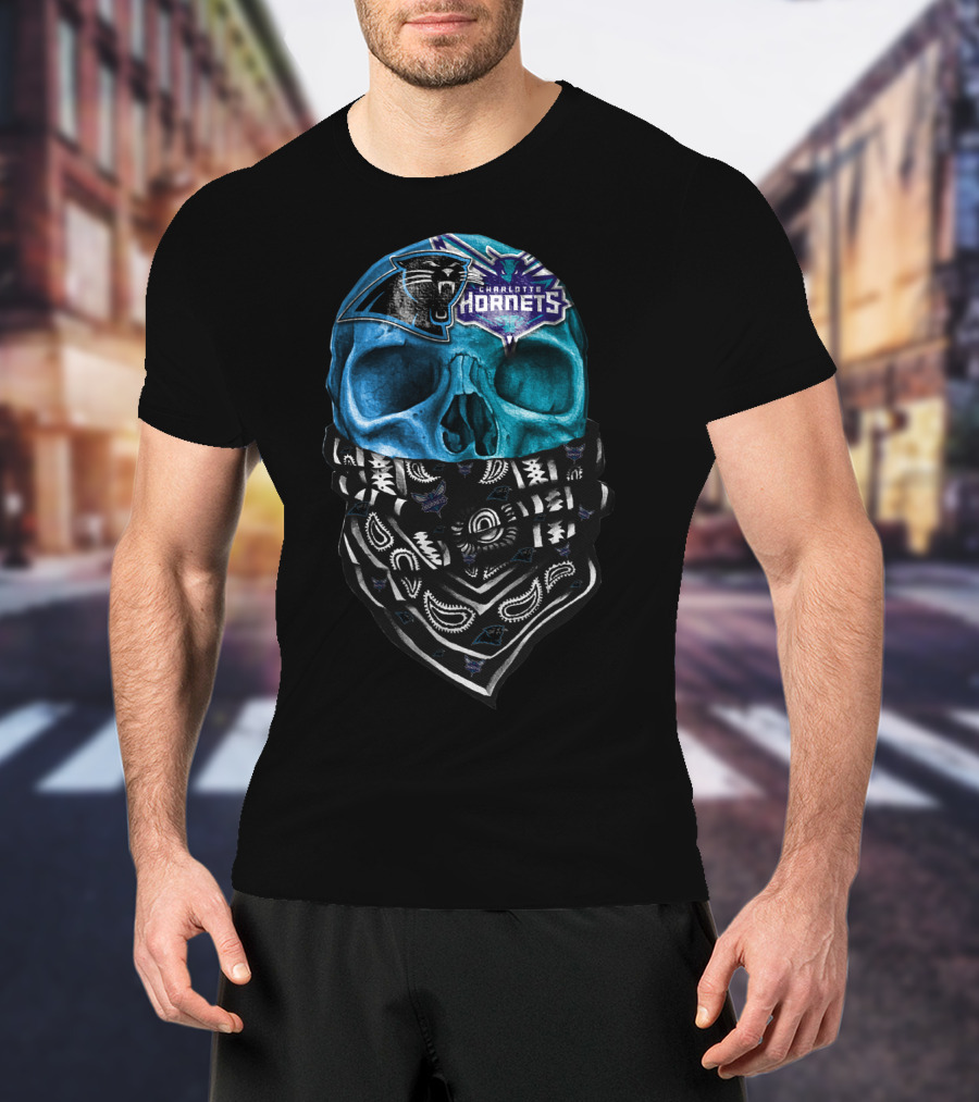 Carolina Panthers Charlotte Hornets Bandana Skull T-Shirt