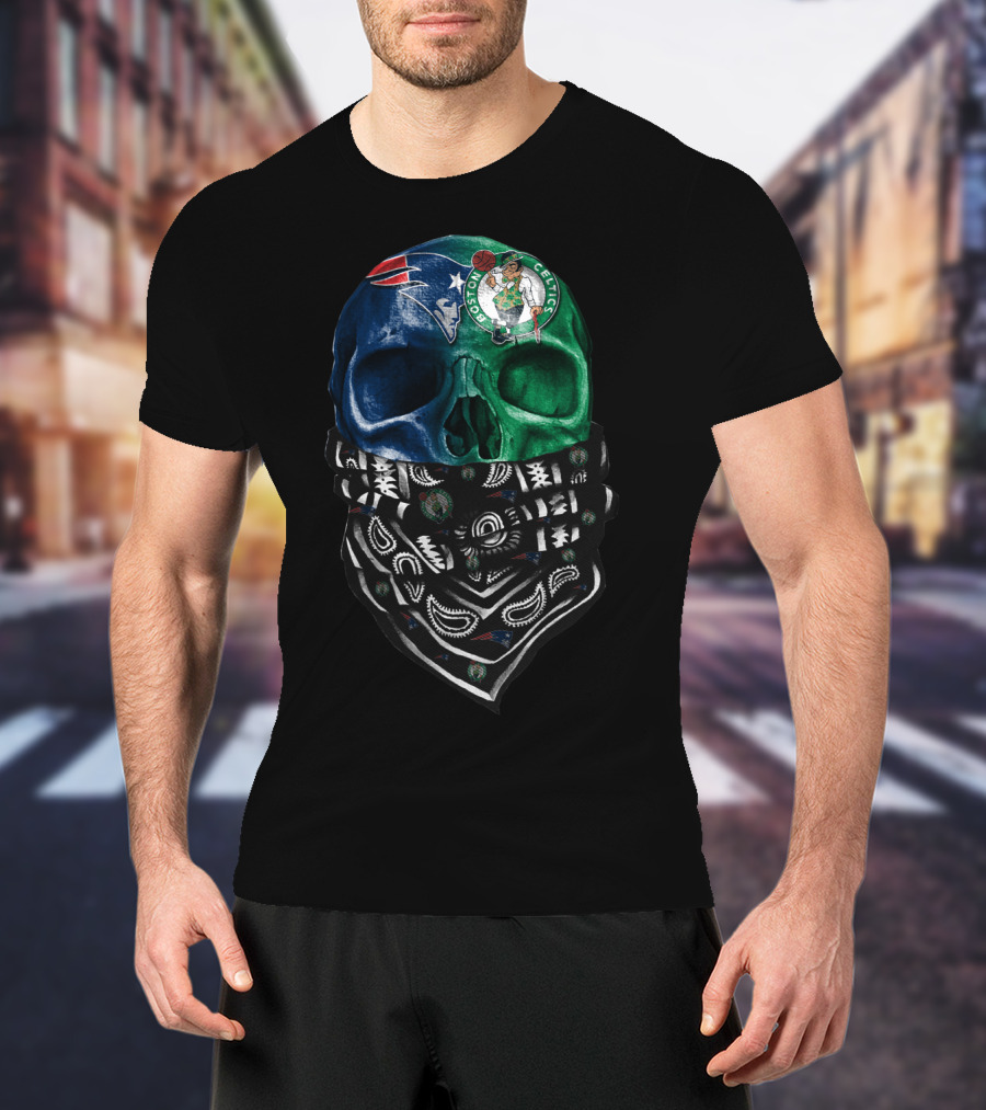 New England Patriots Boston Celtics Skull Bandana T-Shirt
