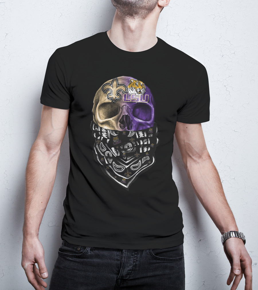 Lsu Tigers Skull With New Orleans Saints Logo Bandana T-Shirt