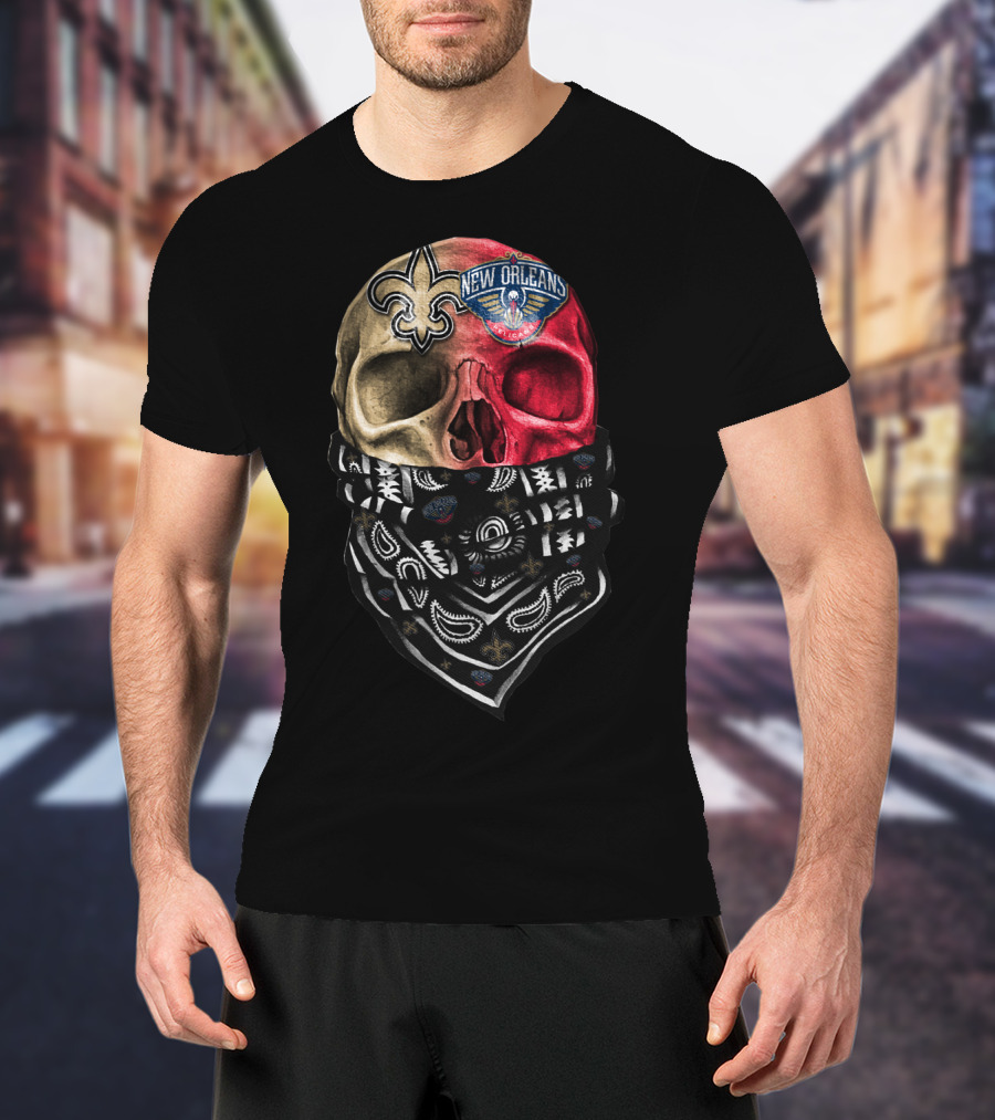 New Orleans Saints Pelicans Skull Bandana T-Shirt