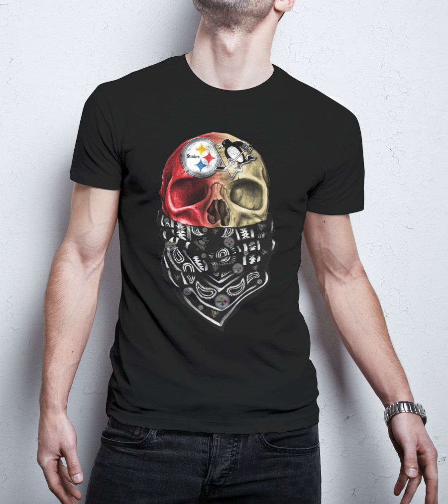 Steelers And Penguins Dual Skull Bandana Art On Sku 114 T-Shirt