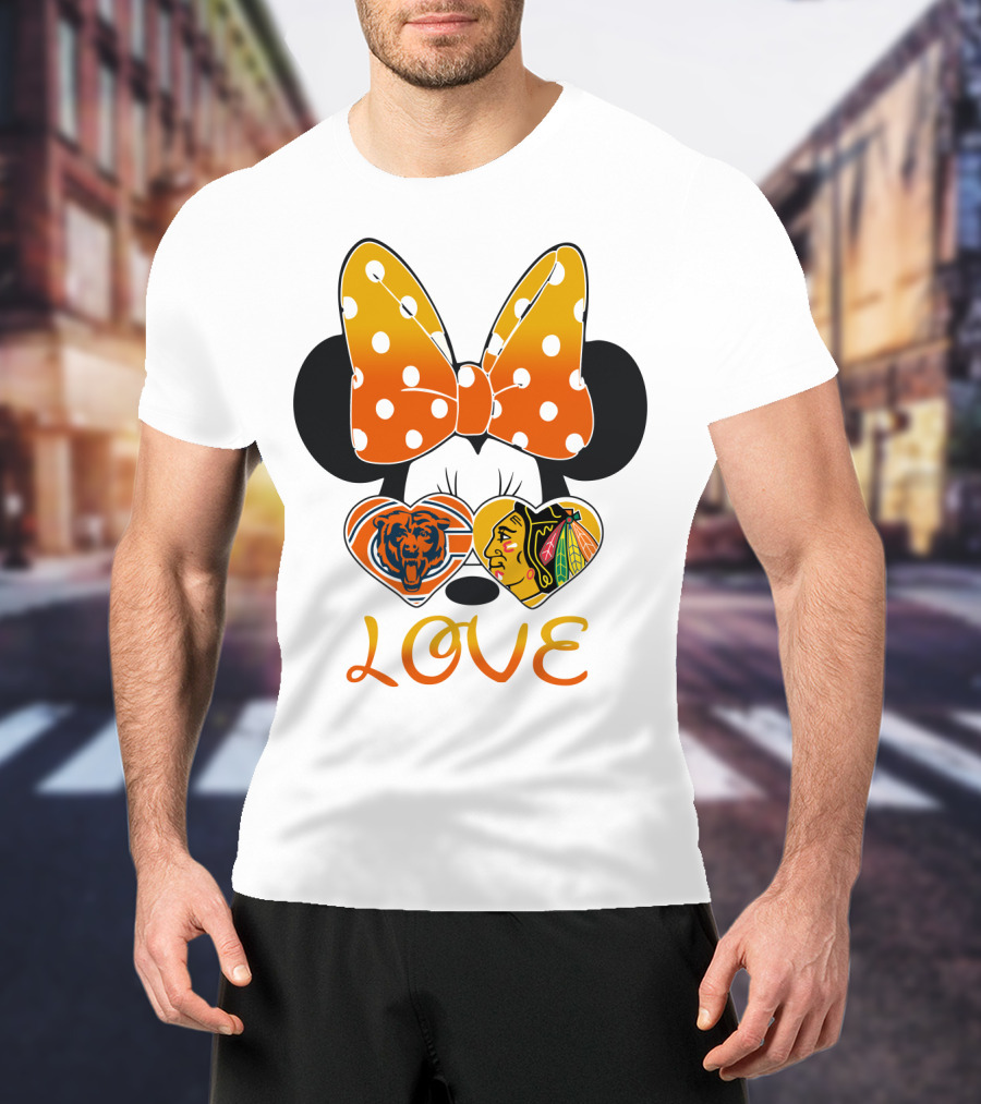 Minnie Mouse Love Chicago Bears Blackhawks Bow T-Shirt