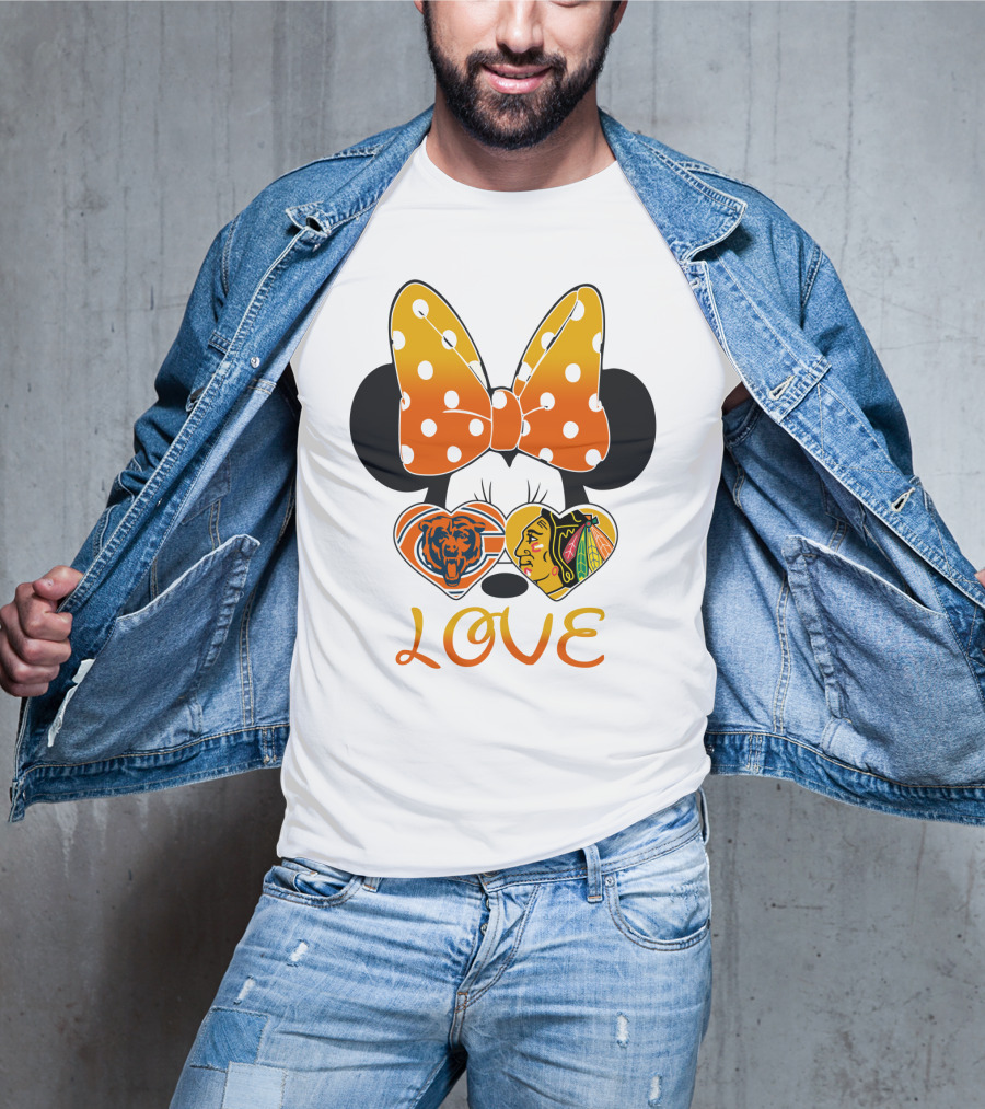 Minnie Mouse Love Chicago Bears Blackhawks Bow T-Shirt
